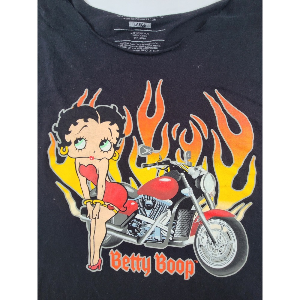 H3 Sportgear Betty Boop Motorcycle Flames T-Shirt Mens Large Black Graphic Print